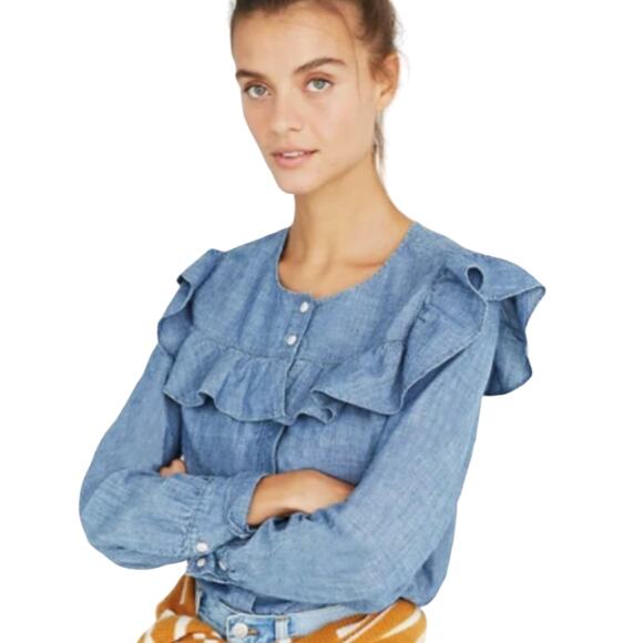 Madewell Chambray Ruffle Yoke Long Sleeve Button Down Blouse Top Blue XS - Picture 1 of 6